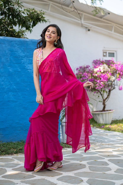 Women's Rani Pink Ruffle Saree