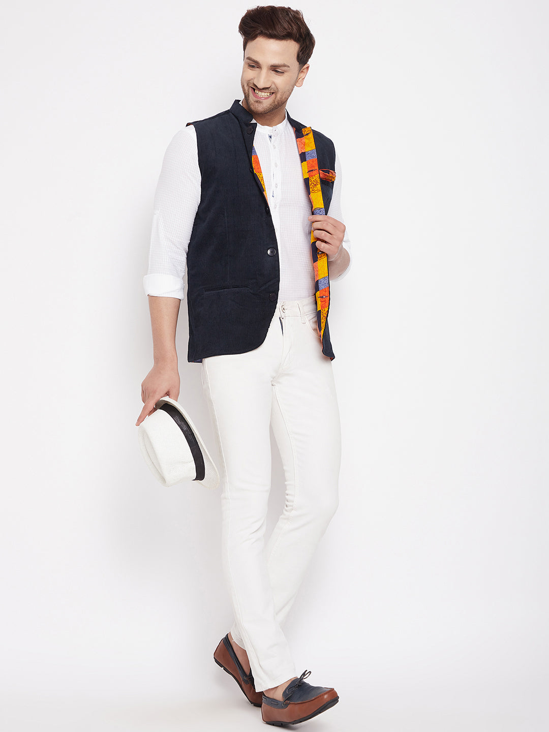 Men's Navy Color Nehru Jacket-Contrast Lining-Inbuilt Pocket Square