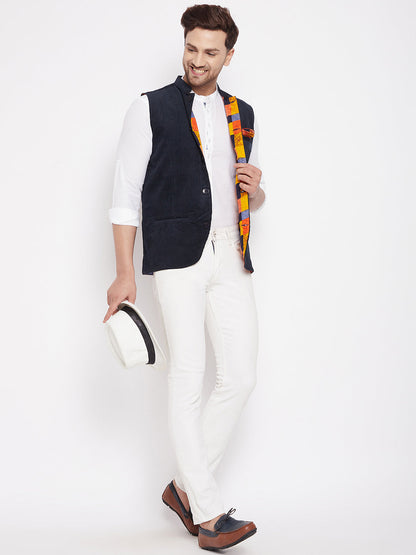 Men's Navy Color Nehru Jacket-Contrast Lining-Inbuilt Pocket Square