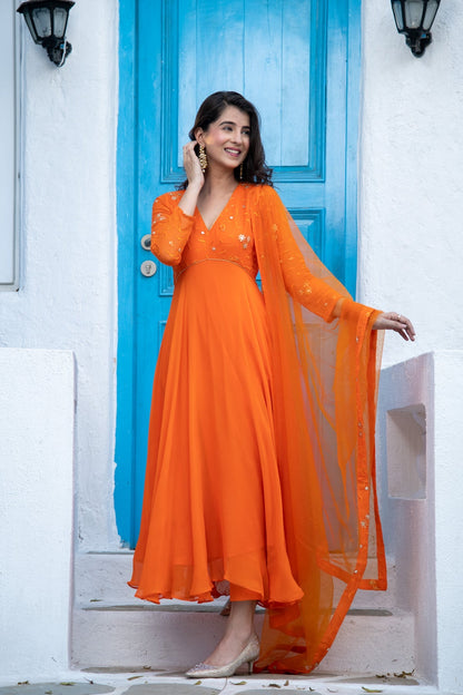 Women's Orange Anarkali Set