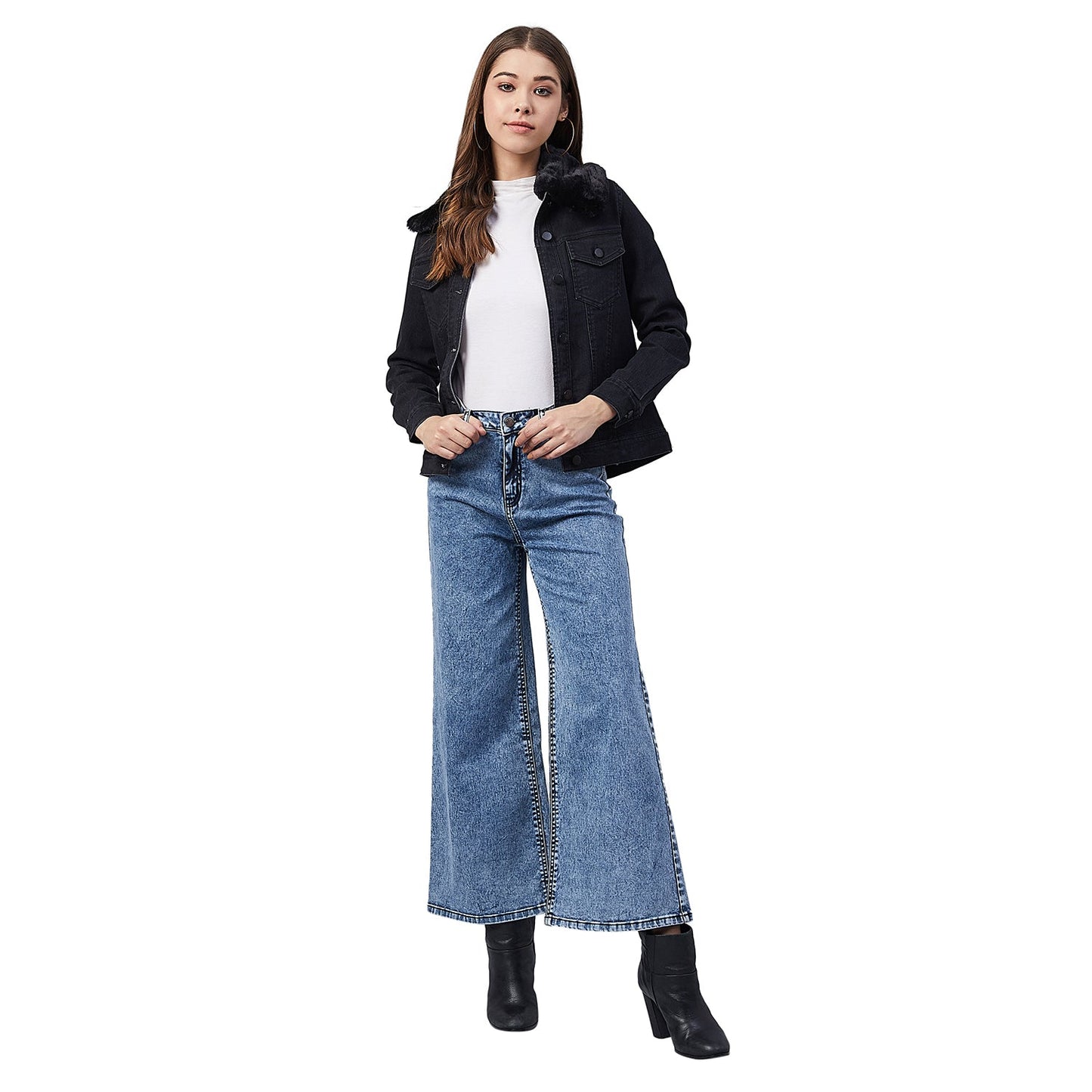 Women's Black Denim Jacket with Detachable Black Fur Collar