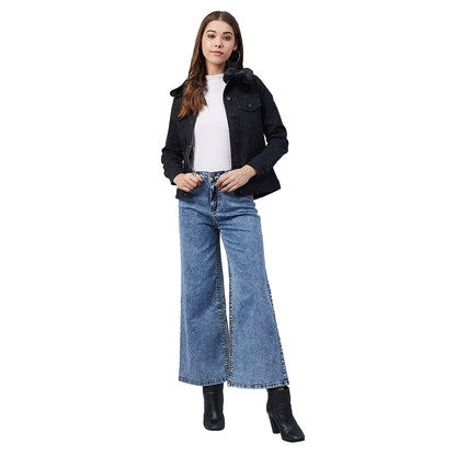 Women's Black Denim Jacket with Detachable Black Fur Collar