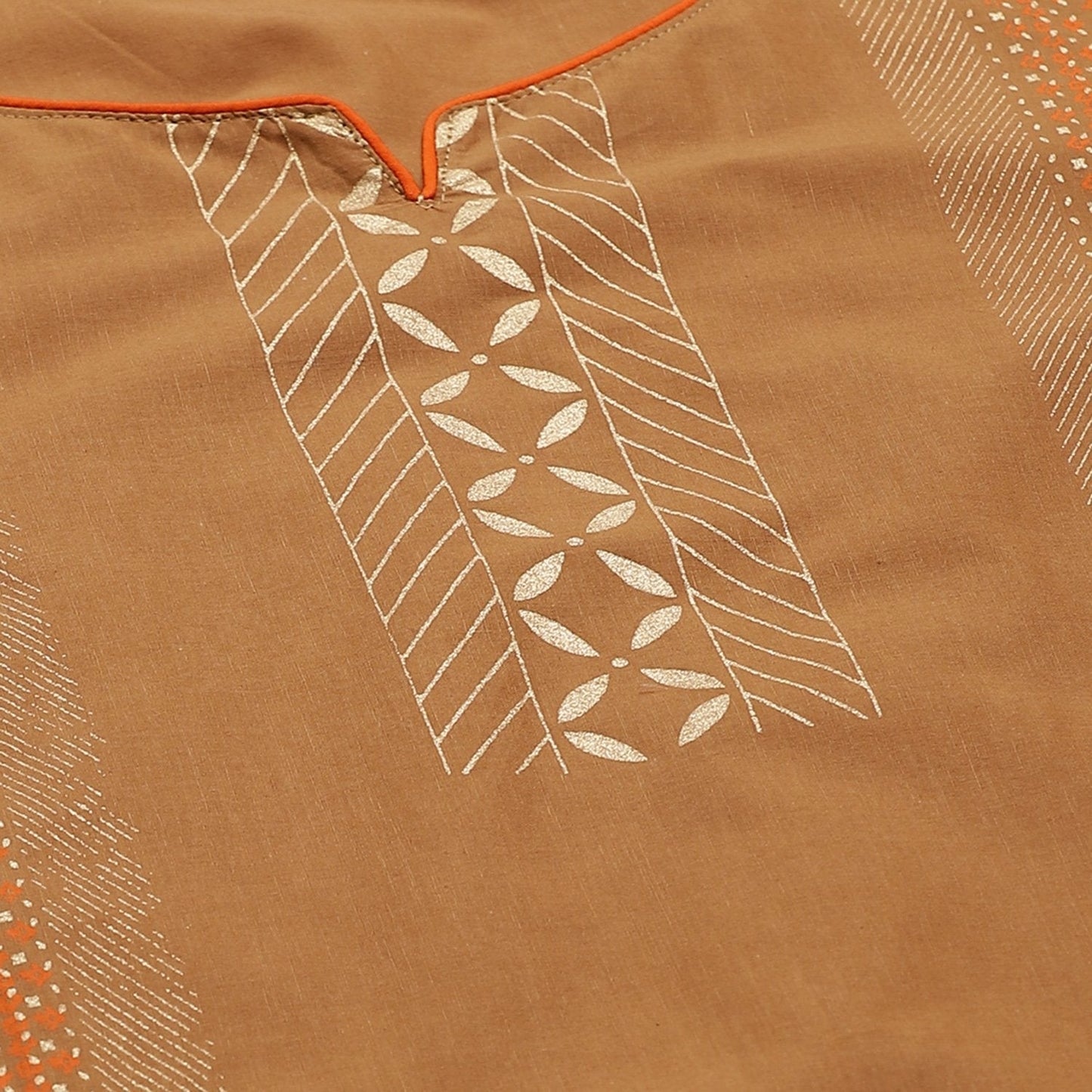 Women's Beige Cotton Printed 3/4 Sleeve Round Neck Casual Kurta Only