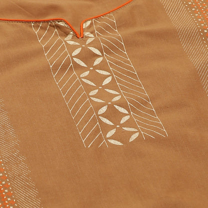 Women's Beige Cotton Printed 3/4 Sleeve Round Neck Casual Kurta Only