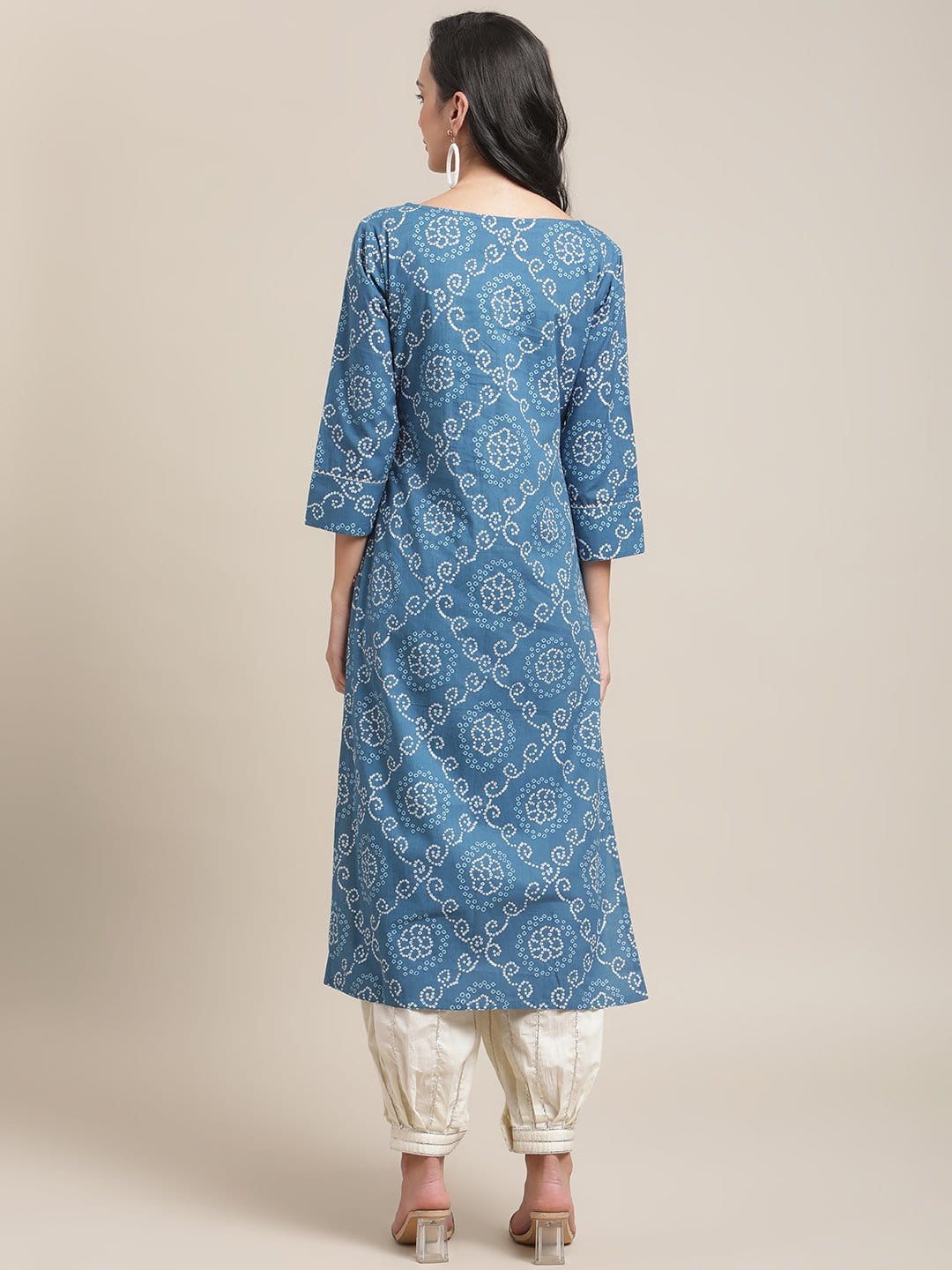 Women's KSUT Blue And White Bandhej Printed Kurta With 3/4Th Sleeves