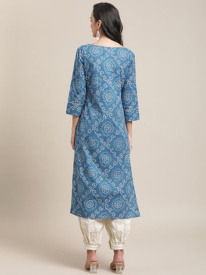 Women's KSUT Blue And White Bandhej Printed Kurta With 3/4Th Sleeves