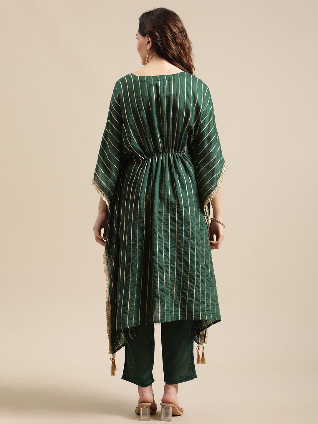 Women's Green Gold Lurex Striped Kurta Kaftan With Straight Trouser