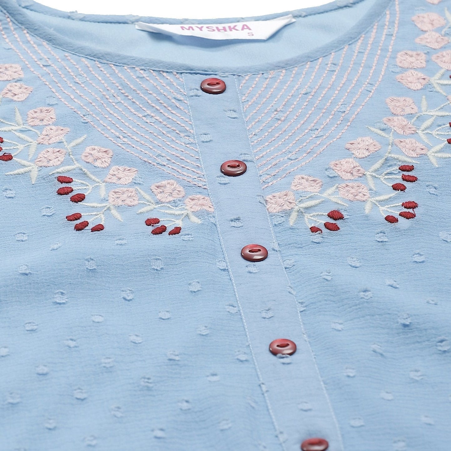 Women's Blue Dobby Chiffon Printed 3/4 Sleeve Round Neck Casual Kurta Only