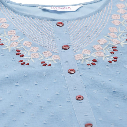 Women's Blue Dobby Chiffon Printed 3/4 Sleeve Round Neck Casual Kurta Only