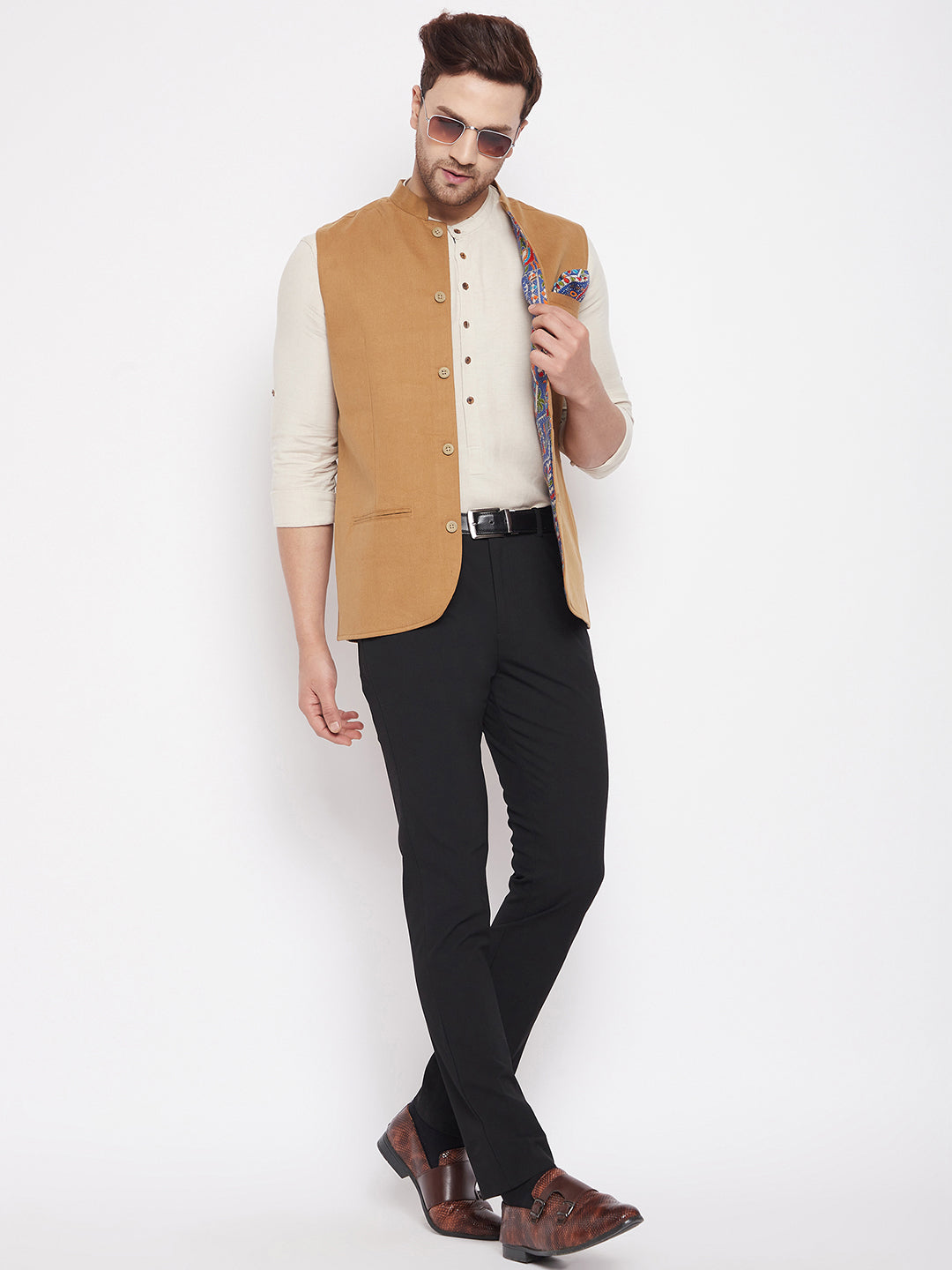 Men's Brown Color Nehru Jacket-Contrast Lining-Inbuilt Pocket Square