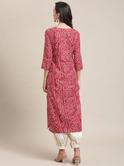 Women's Red And White Round Neckline Bandhani Printed  Straight Kurta With Embroidery And 3/4Th Sleeve