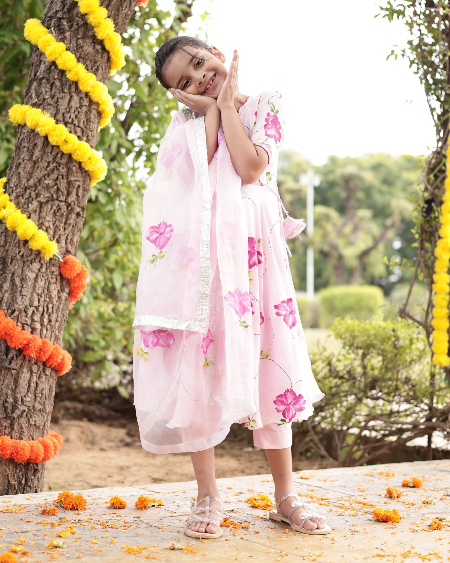 Girl's Dandelion Pink Muslin Silk Handcrafted Suit Set