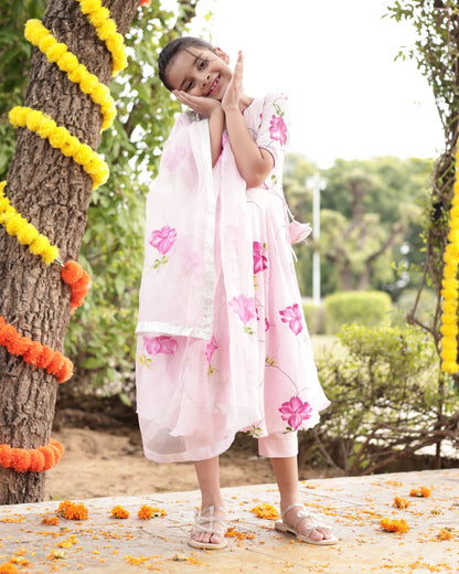 Girl's Dandelion Pink Muslin Silk Handcrafted Suit Set