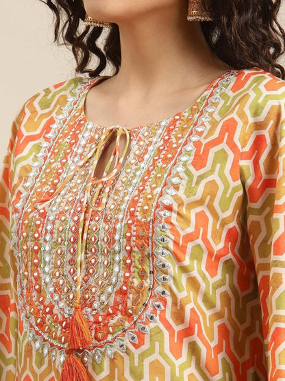 Women's Orange Ethnic Motifs Printed Flared Sleeves Kurta