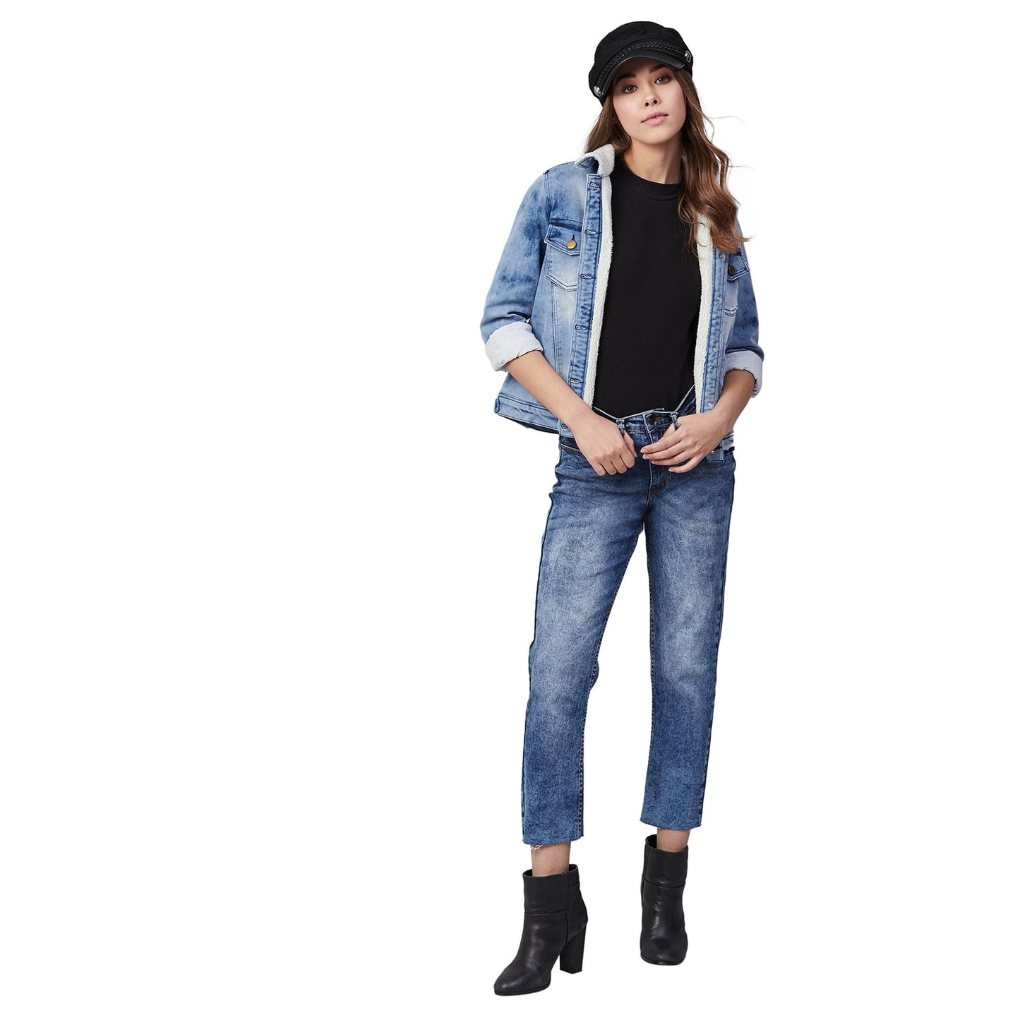 Women's Denim Jacket with Soft Warm Faux Fur Lining inside - Ice Blue