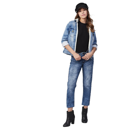 Women's Denim Jacket with Soft Warm Faux Fur Lining inside - Ice Blue