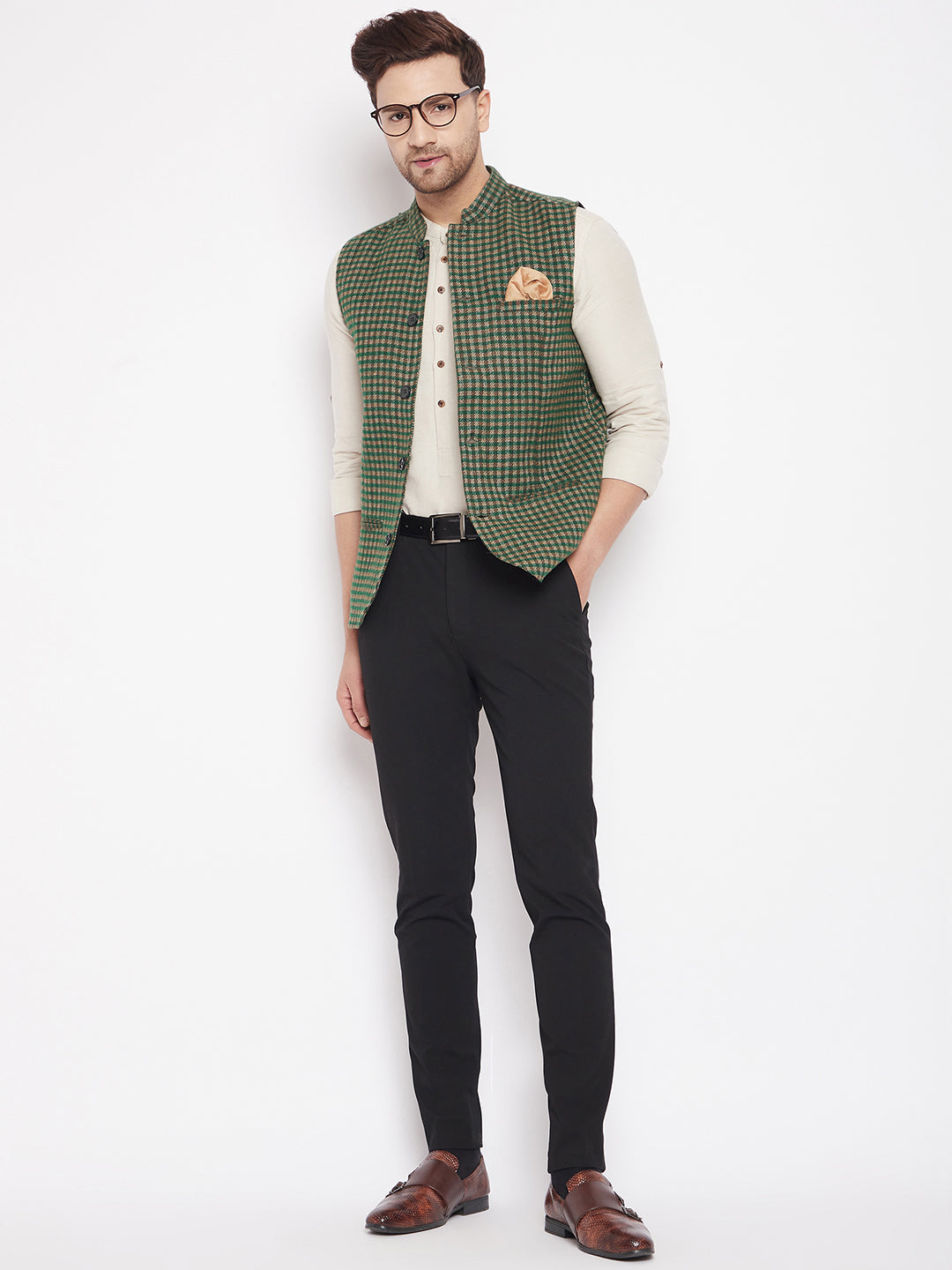 Men's Green Color Woven Nehru Jacket