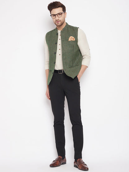 Men's Green Color Woven Nehru Jacket