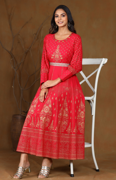 Women's Rayon Printed Flared Dress With Bel