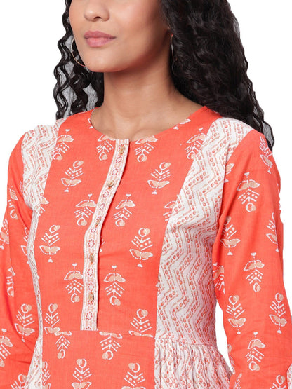 Women's Multi Printed 3/4 Sleeve Cotton Round Neck Dress