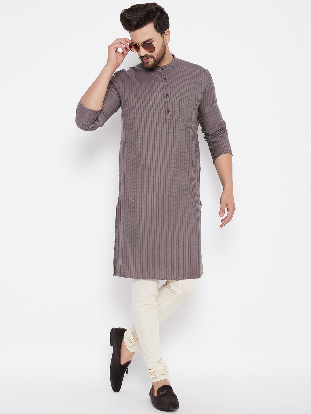 Men's Striped Straight Grey Kurta