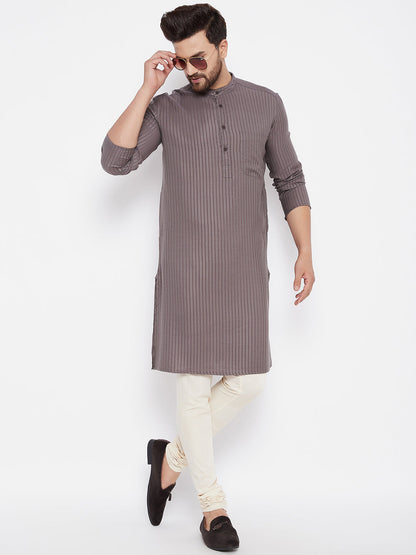 Men's Striped Straight Grey Kurta