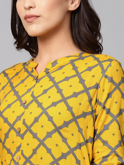 Women's Yellow Cotton Printed 3/4 Sleeve Coller Neck Dress