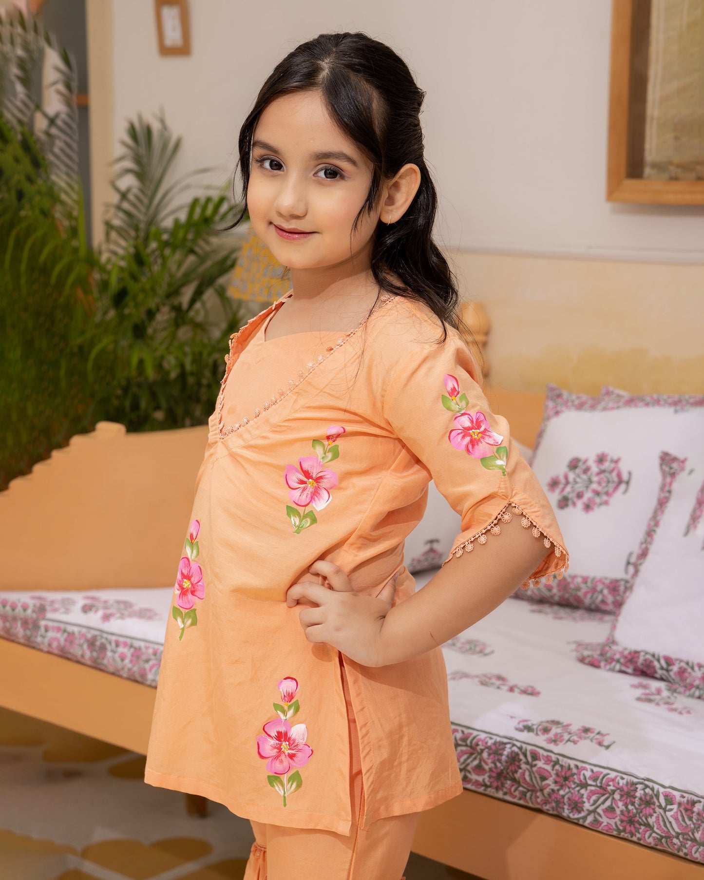 Girl's Posie Orange Handpainted Chanderi Co ord Set