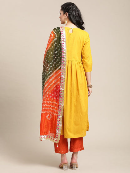 Women's Mustard Sequins Embroidery Anarkali Kurta With Rust And Olive Bandhej Silk Dupatta