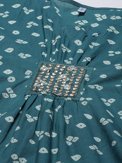 Women's Blue Printed & Embroided Kaftan Dress (1pc)