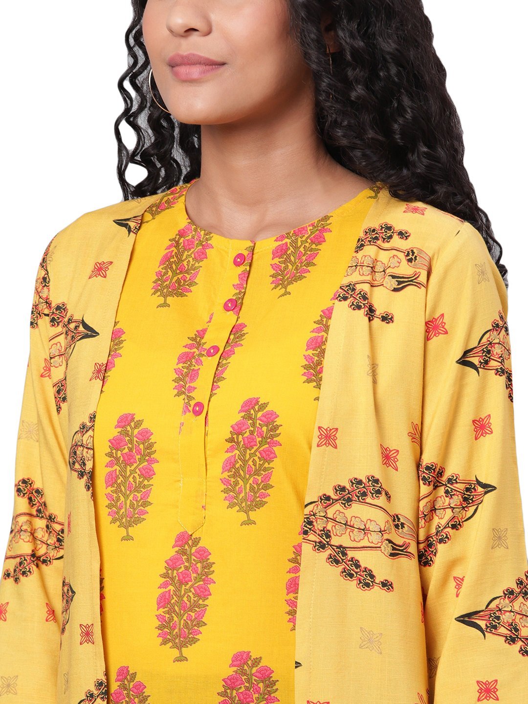 Women's Yellow Printed 3/4 Sleeve Cotton Round Neck Casual Kurta & Shrug Set