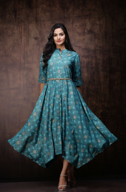Women's Rayon Printed Asymmetric Dress With Belt