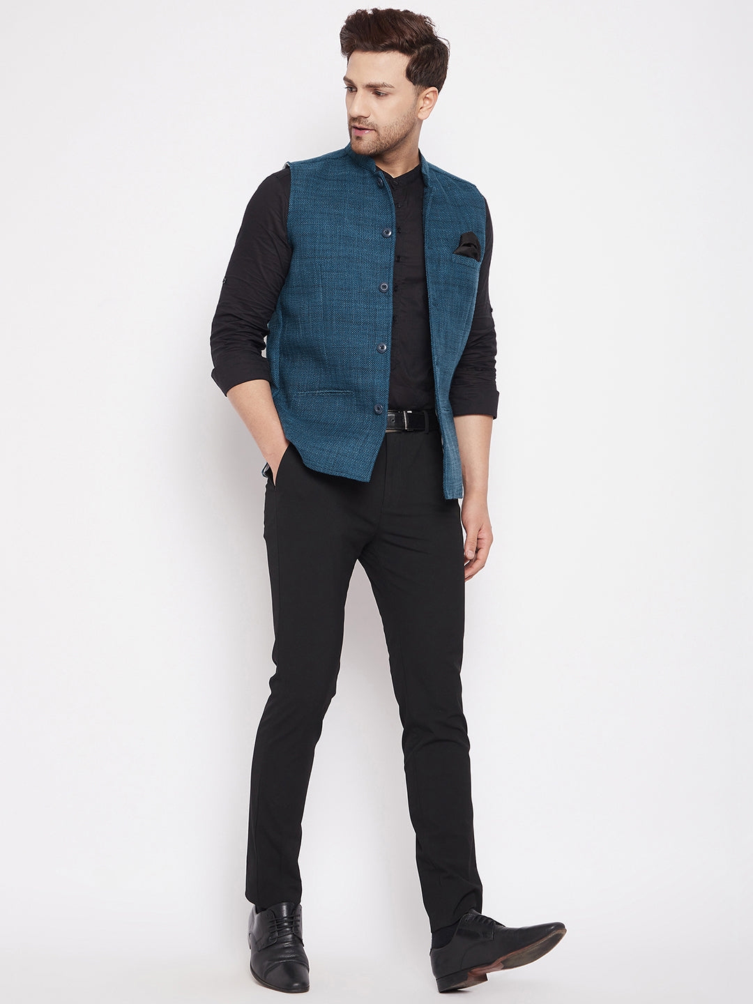 Men's Blue Color Woven Nehru Jacket