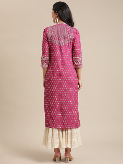 Women's Wine Bandhej Printed Kurta With Pink Cord Pipen Detailing