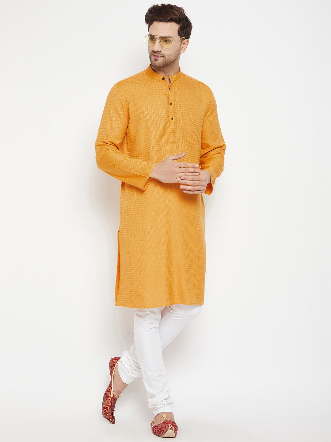 Men's Yellow Color Long Kurta with Band Collar