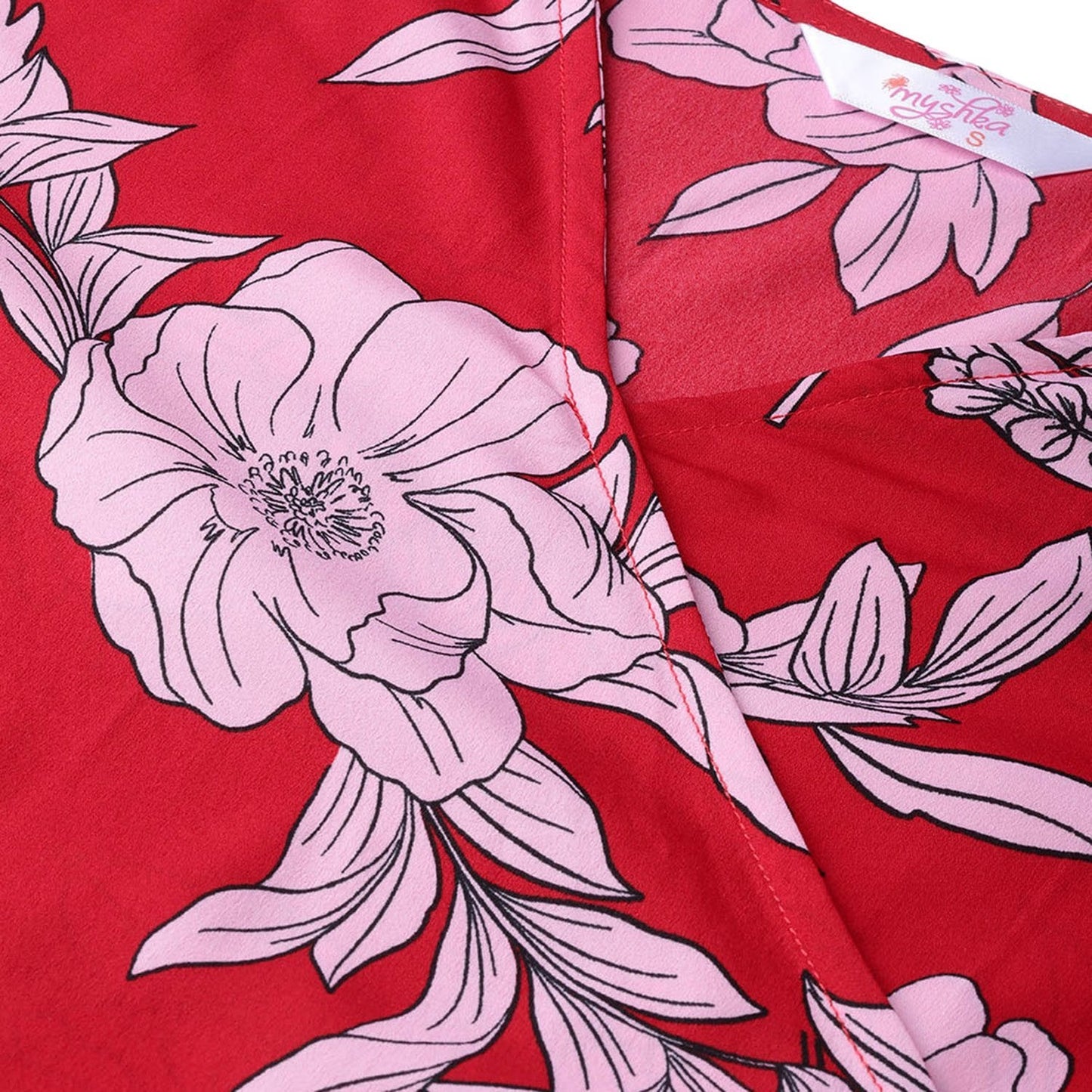 Women's Red Polyester Printed Half Sleeve V Neck Casual Dress