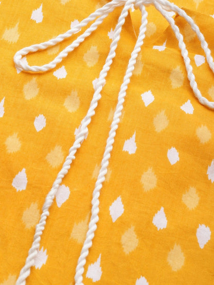 Women's KSUT Mustard And White Ikkat Printed Straight Kurta With Dori And Tassel Detailing On Neckline