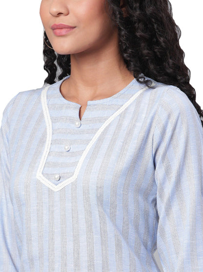 Women's Blue Printed 3/4 Sleeve Cotton Maidran Coller Kurta & Palazzo Set