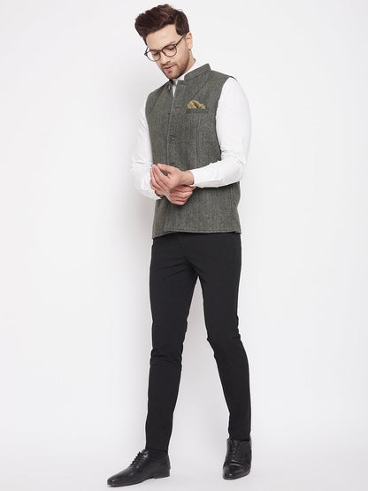 Men's Green Color Woven Nehru Jacket