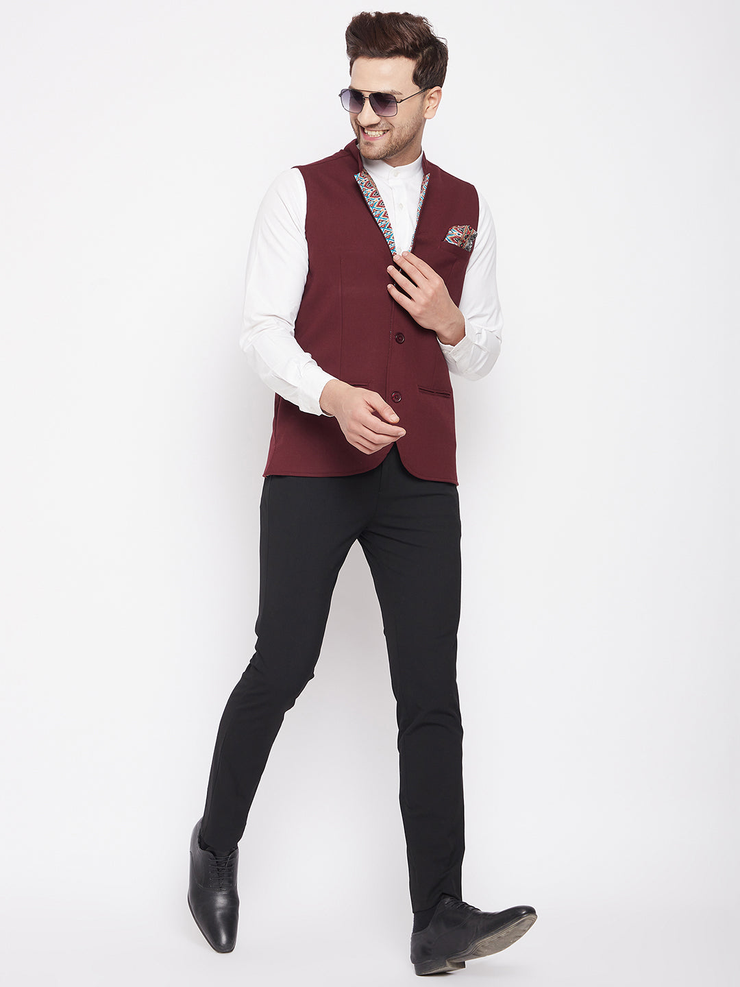 Men's Maroon Color Nehru Jacket-Contrast Lining-Inbuilt Pocket Square