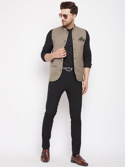 Men's Beige Color Woven Nehru Jacket