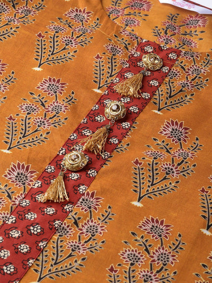 Women Mustard Cotton Printed Kurta Palazzo Set by Myshka (