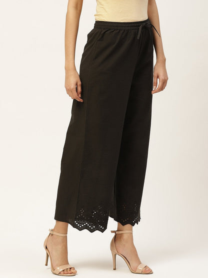 Women's Black Solid Schiffli Straight Cotton Palazzos