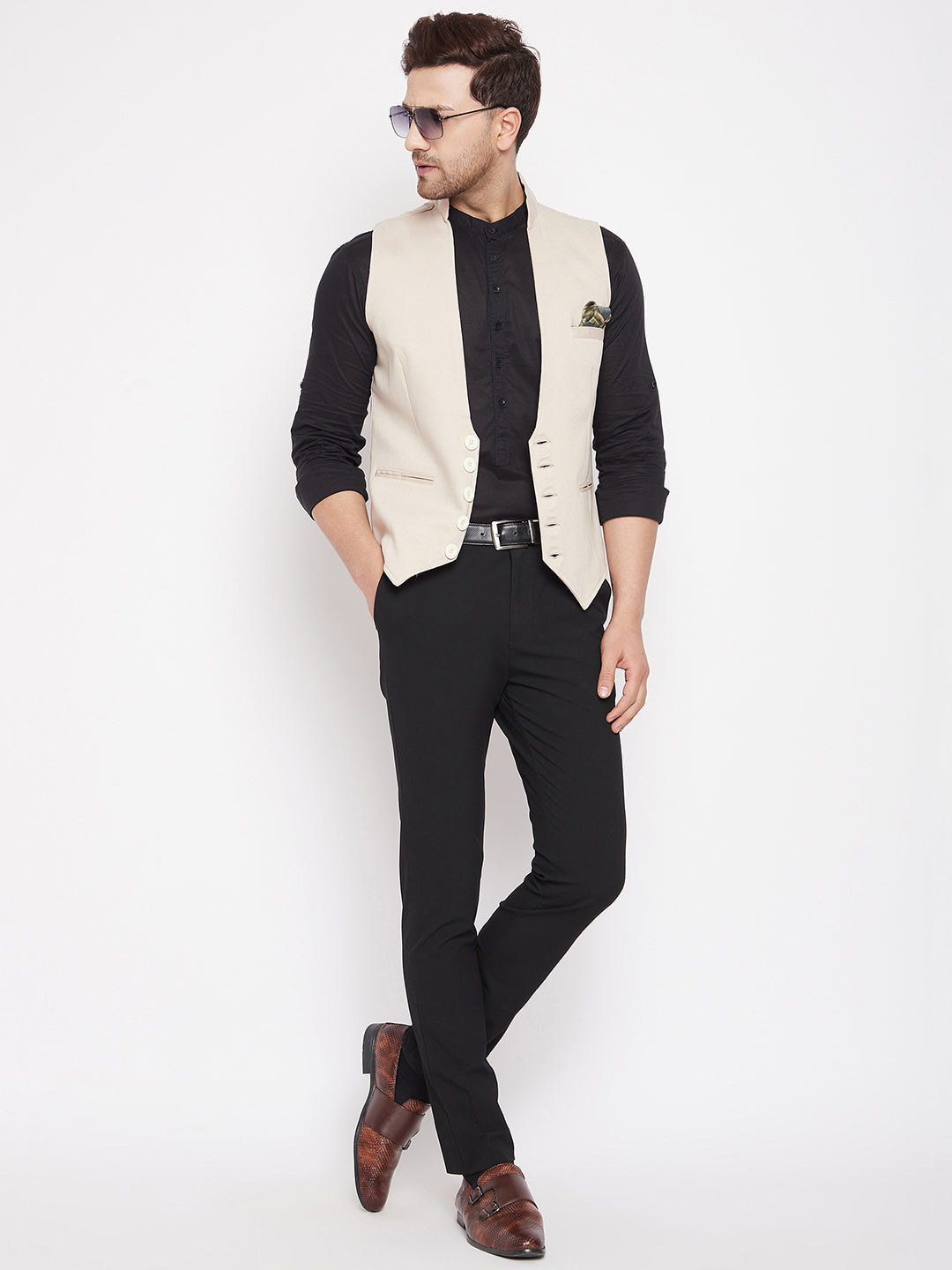 Men's Cream Color Woven Nehru Jacket