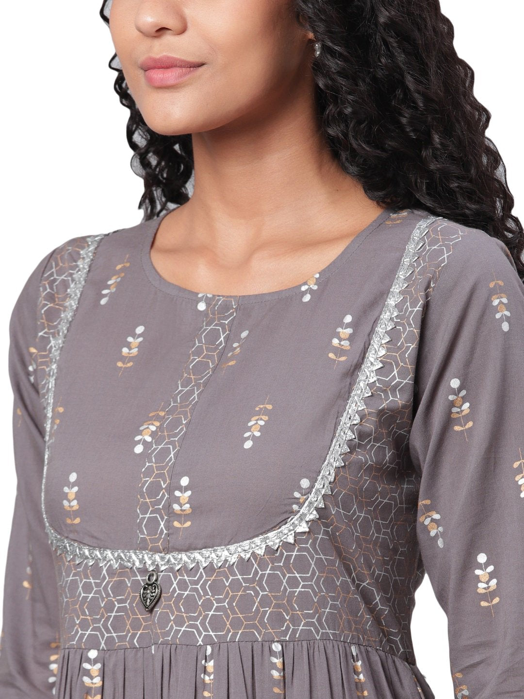Women's Grey Printed 3/4 Sleeve Cotton Round Neck Dress