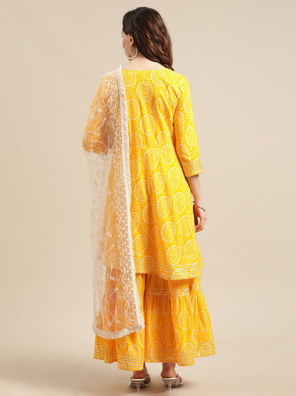 Women's Mustard And White Bandhej Printed Flared Kurta Sharara Set With Net Embroidered Dupatta
