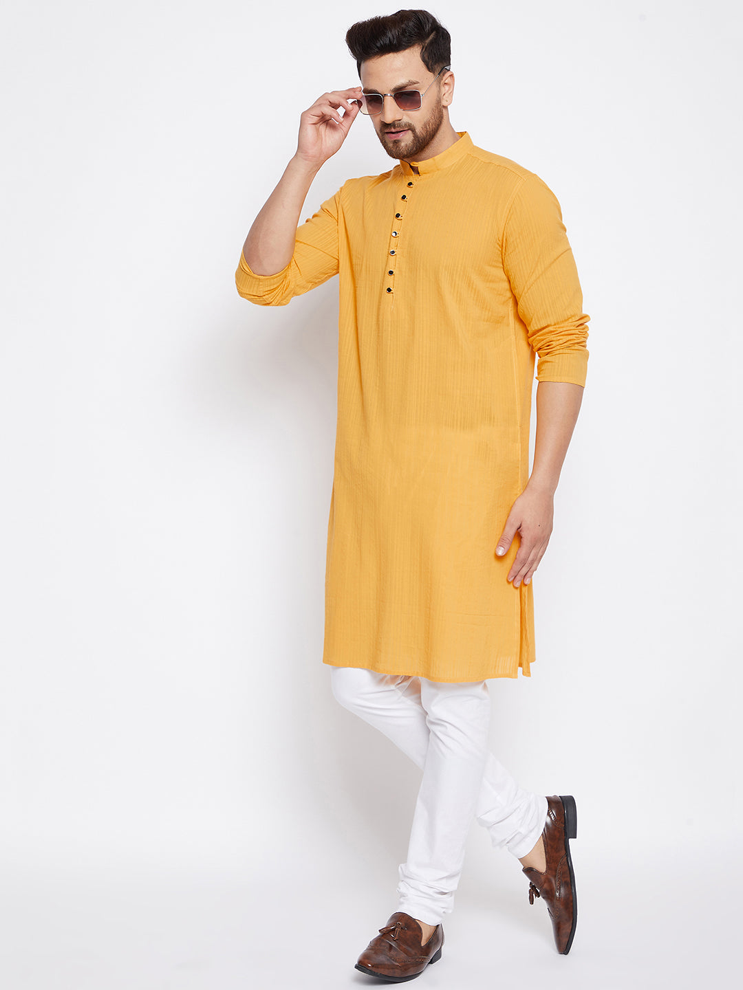 Men's Cotton Yellow Straight Kurta