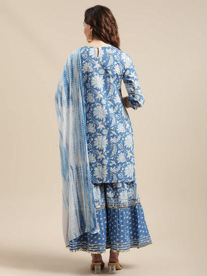 Women's Blue And White Floral Gota Embellished Printed Kurta Sharara Set With Tie N Dye Dupatta