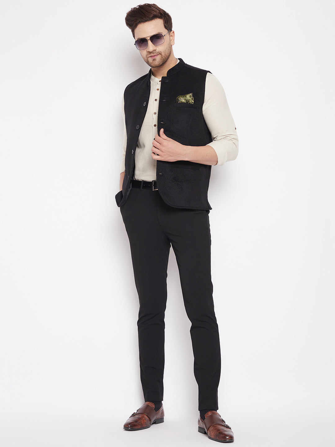 Men's Black Color Woven Nehru Jacket