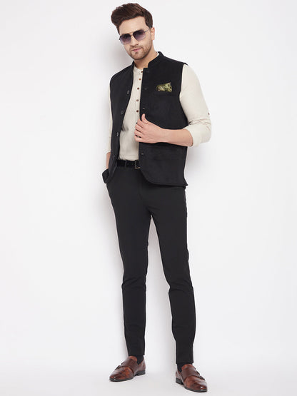 Men's Black Color Woven Nehru Jacket